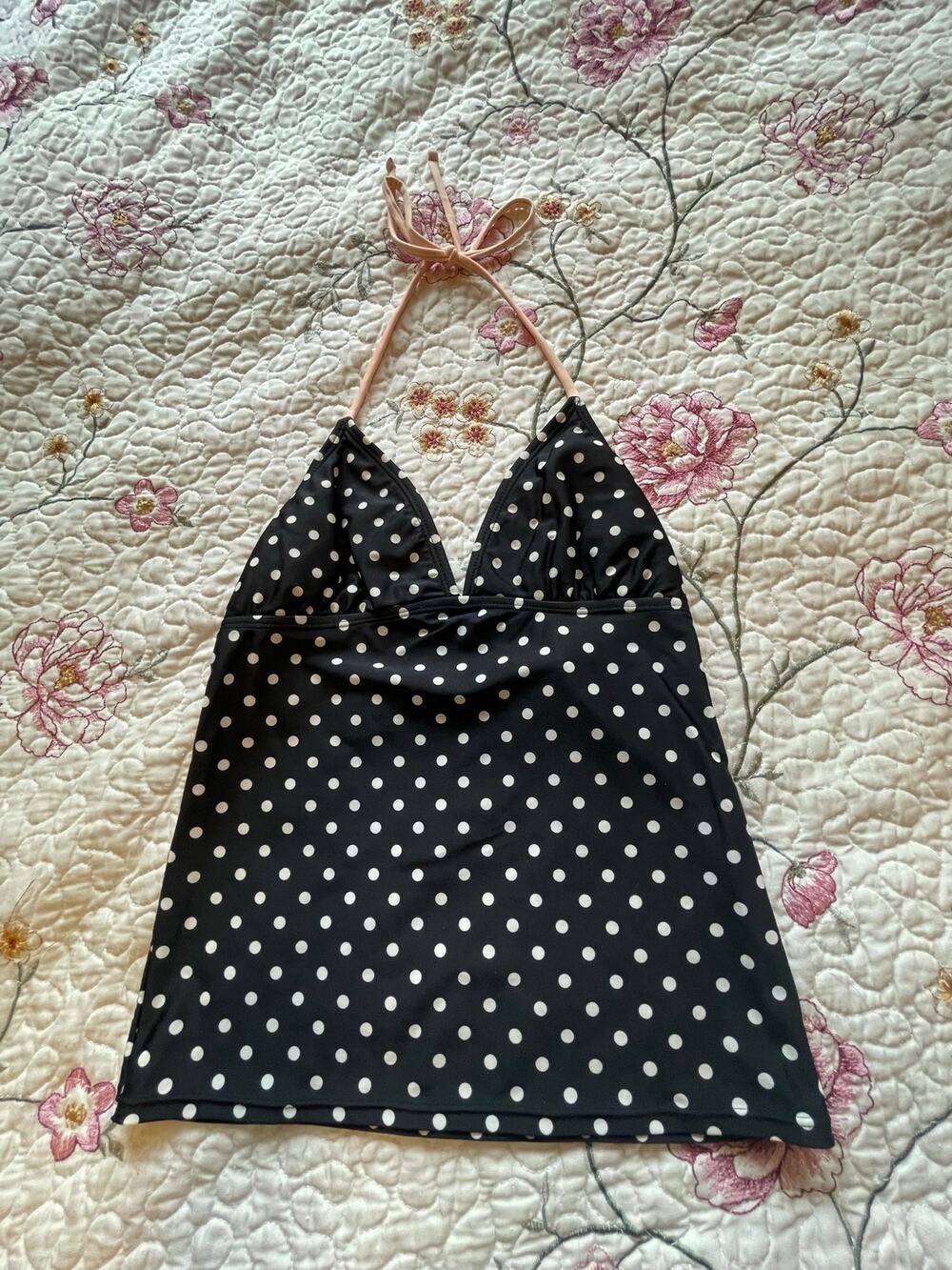 black and white polka dot halter swim top